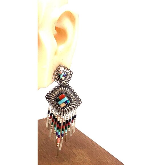 Dangle Earrings Native American Sterling Silver Gemstone Women's Estate Jewelry - Picture 4 of 12